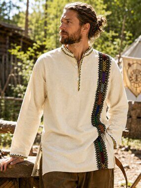 Mens Viking Pagan Folk Boho Festival Tunic Shirt Oatmeal Large L LARP